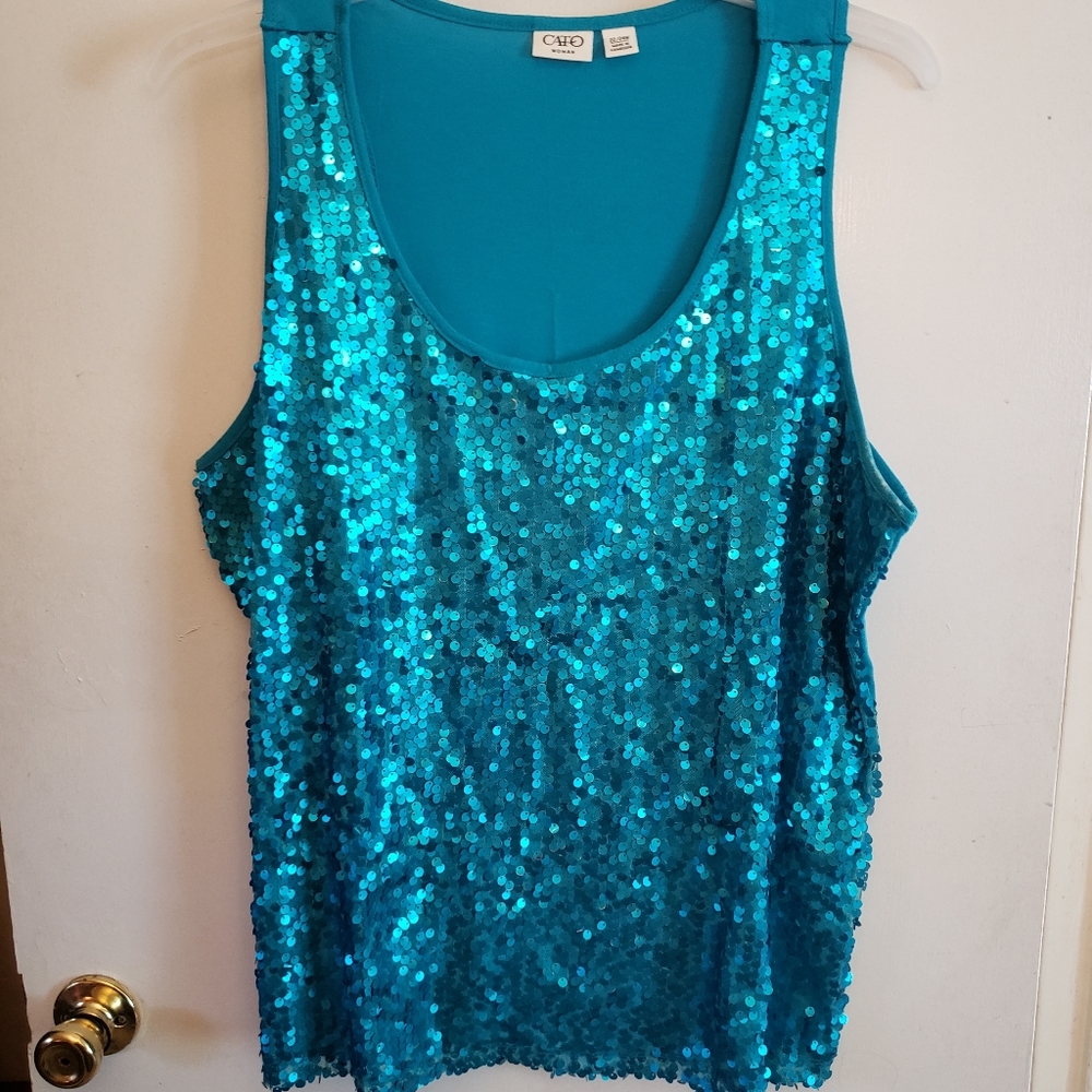 Cato 22/24 Knit Tank Aqua Sequin Front